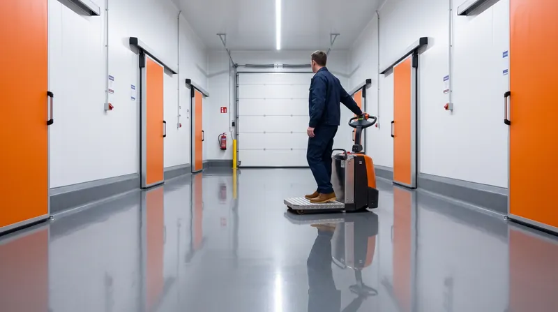 A worker with a pallet truck in the corridor of the cold rooms