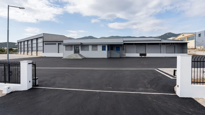 The Mintzilis packing house in Myrtofyto, Kavala: exterior view with the entrance and the loading docks