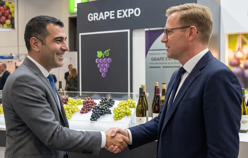 A supplier and a buyer shaking hands in front of a display of table grapes