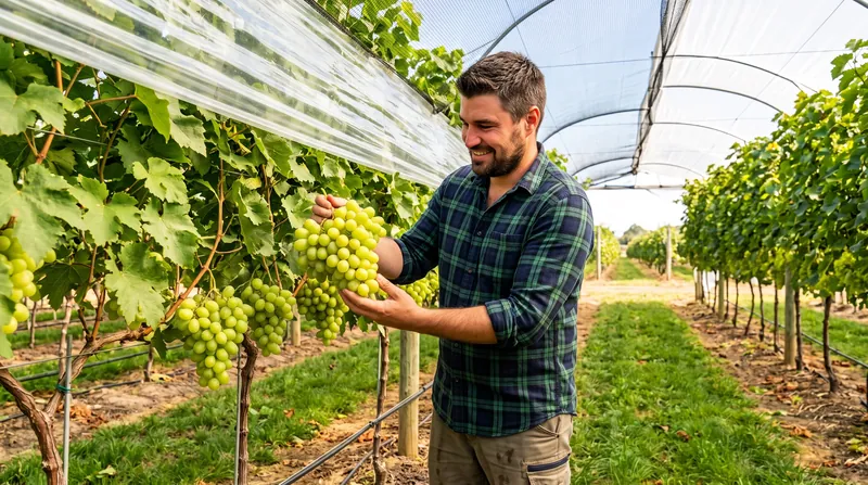 A grower checking a bunch of white table grapes in a covered vineyard